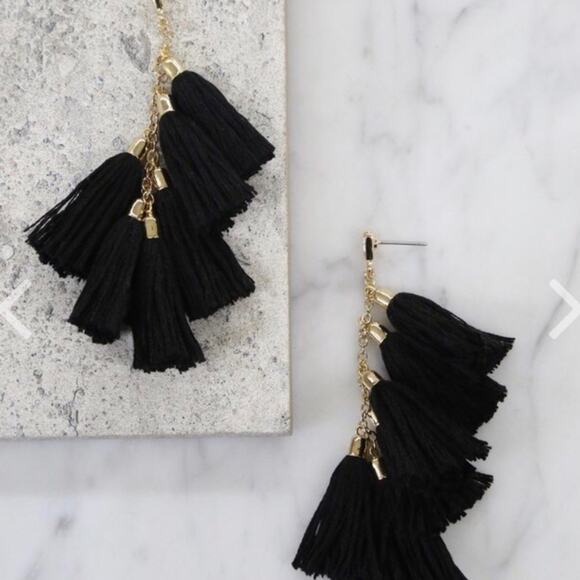 NIP Ethika Los Angeles CA Black Gold Hardware 18K Plated Tassel Earrings - Picture 3 of 3